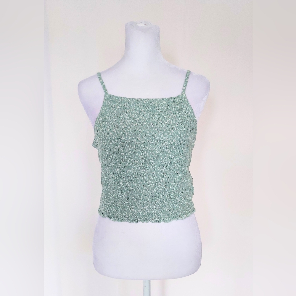 Hollister Ruched Spaghetti Strap Cropped Tank Top Green White Size Large
